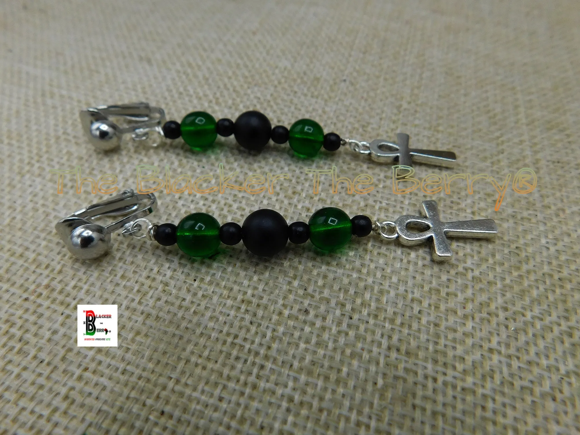 African Silver Ankh Clip On Earrings Black  Green Handmade Black Owned Women Jewelry