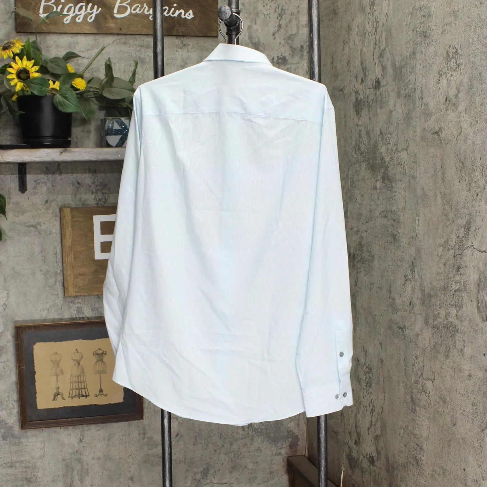 Alfani Mens Slim Fit 4-Way Stretch Dress Shirt White Blue Stripe 15-15 1/2 34-35