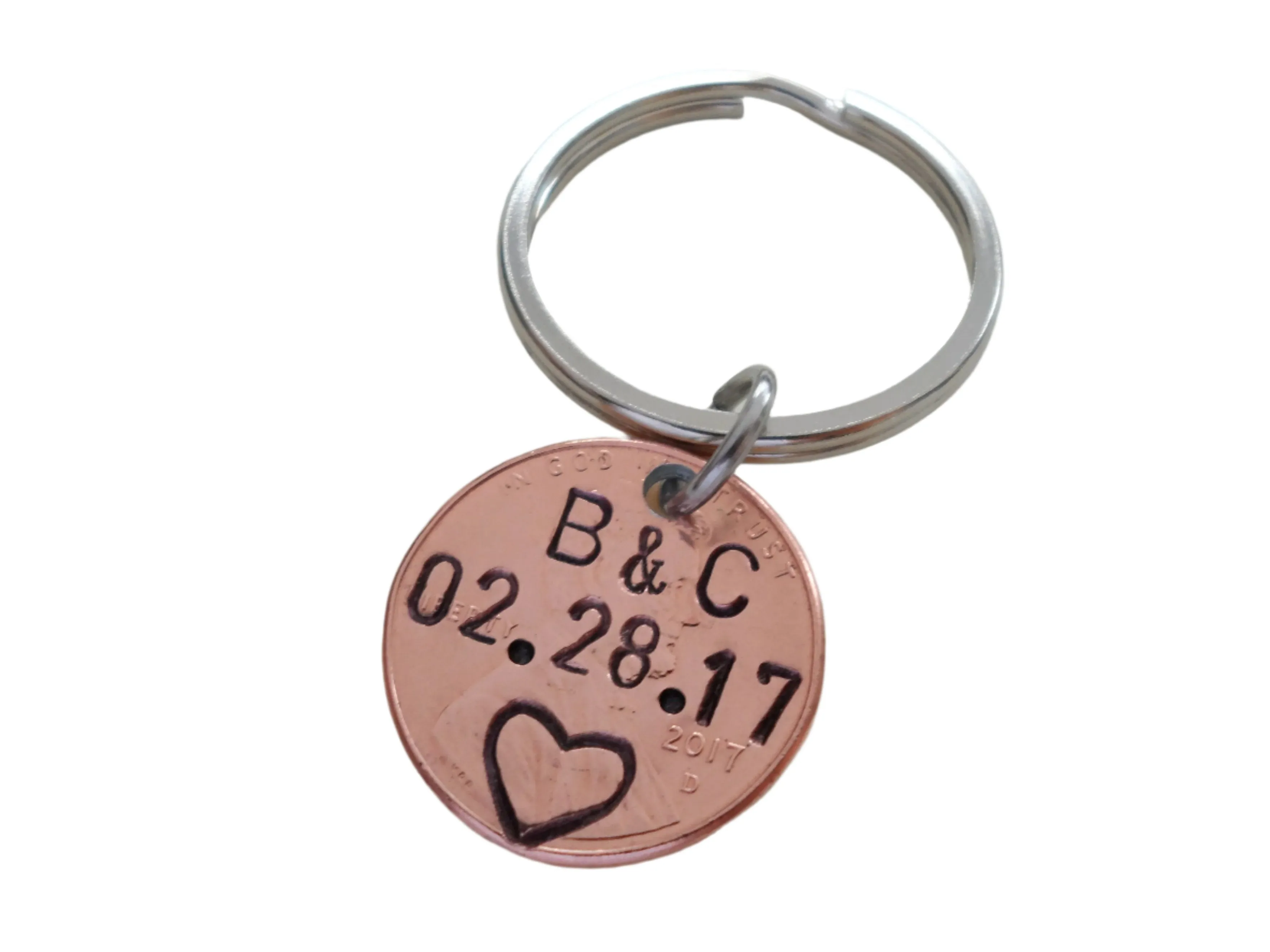 Anniversary Gift • Personalized Penny Keychain Stamped w/ Initials & Anniversary Date & Heart at Bottom