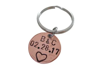 Anniversary Gift • Personalized Penny Keychain Stamped w/ Initials & Anniversary Date & Heart at Bottom