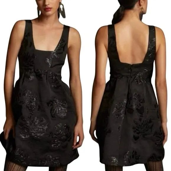 ANTHROPOLOGIE MAEVE Jacquard Black Floral Mini Dress w Pockets SZ 6 Whimsigoth