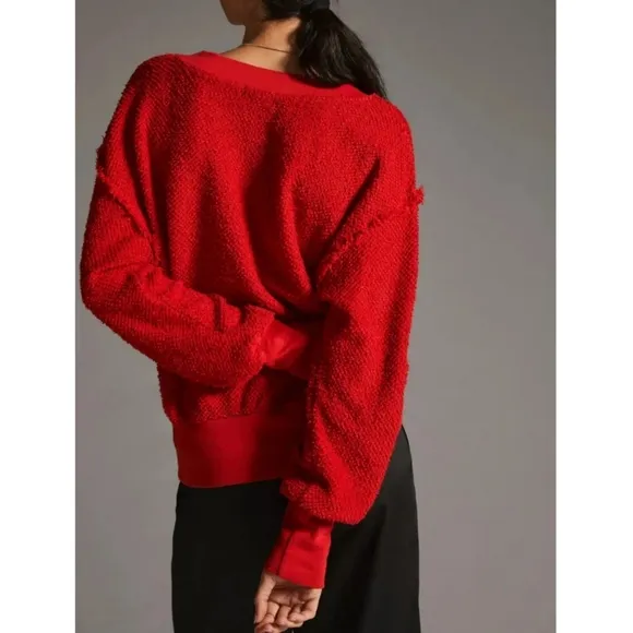 Anthropologie t.la Top Womens Size S Zuri Fringed Red V-Neck Jumper Sweatshirt
