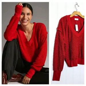 Anthropologie t.la Top Womens Size S Zuri Fringed Red V-Neck Jumper Sweatshirt