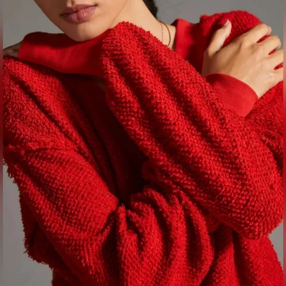 Anthropologie t.la Top Womens Size S Zuri Fringed Red V-Neck Jumper Sweatshirt