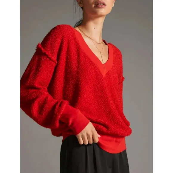 Anthropologie t.la Top Womens Size S Zuri Fringed Red V-Neck Jumper Sweatshirt