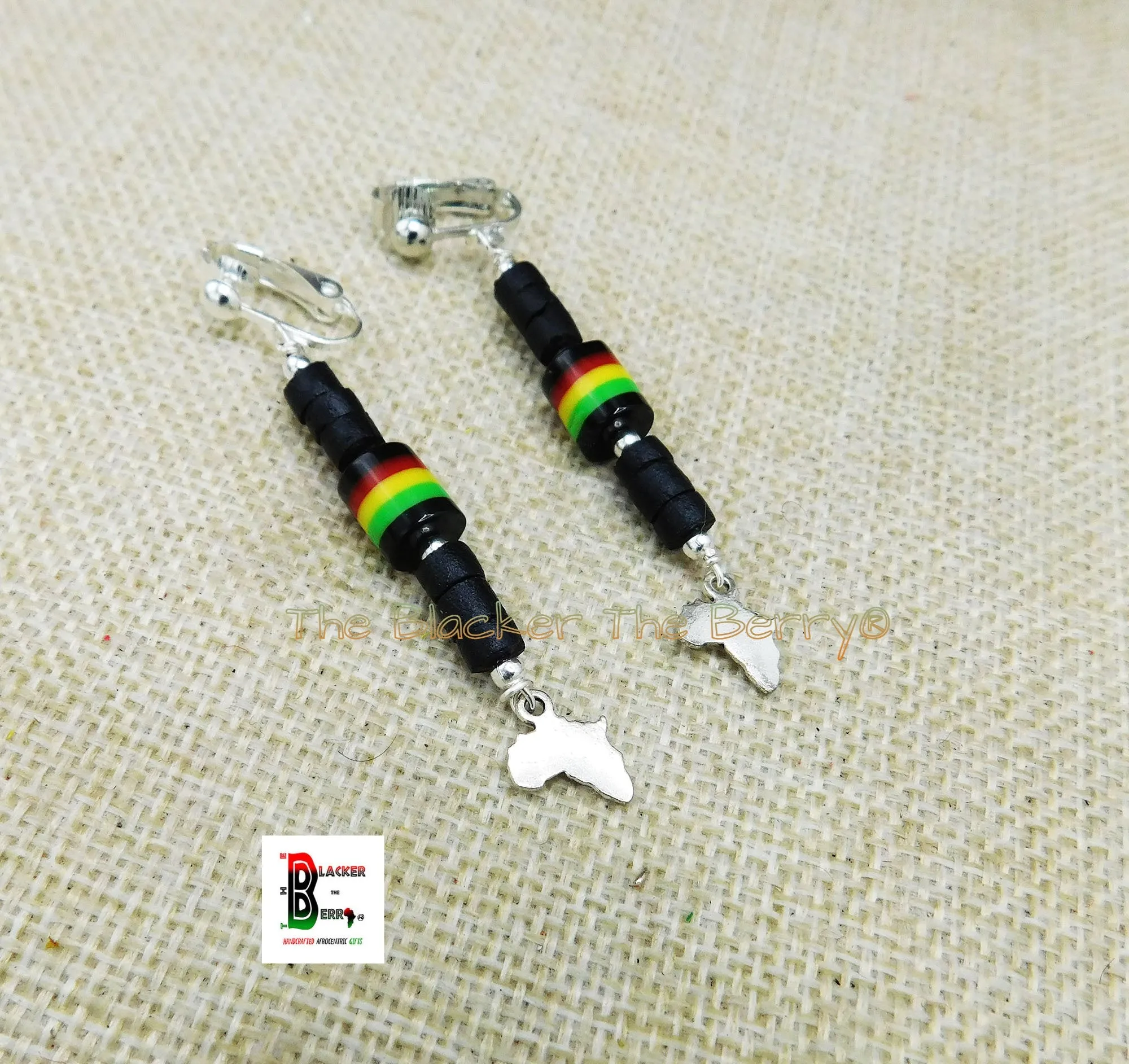 Antique Silver Africa Clip On Earrings Small Black Red Yellow Green Handmade Black Owned Women Jewelry