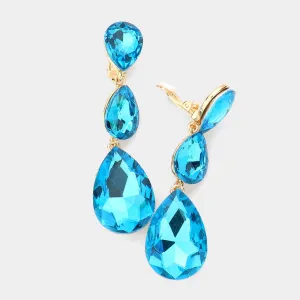Aqua Crystal Triple Teardrop Clip-on Pageant Earrings  | 545366