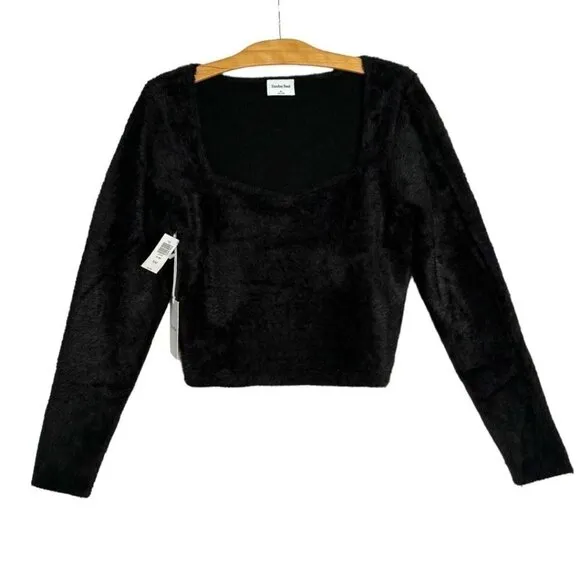 Aritzia Sunday Best Black Elsie Sweetheart Neck Fuzzy Sweater Size XL NWT