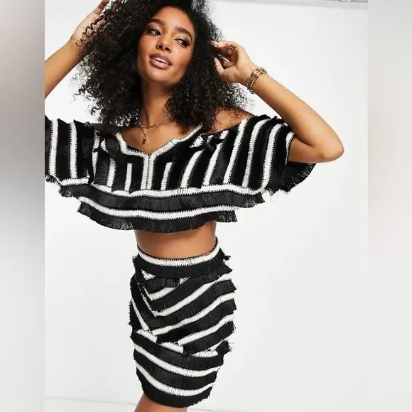 ASOS DESIGN linear embellished mini skirt set with tassle detail