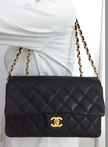 Authentic Chanel Black Caviar Vintage Medium 10" 2.55 Flapover