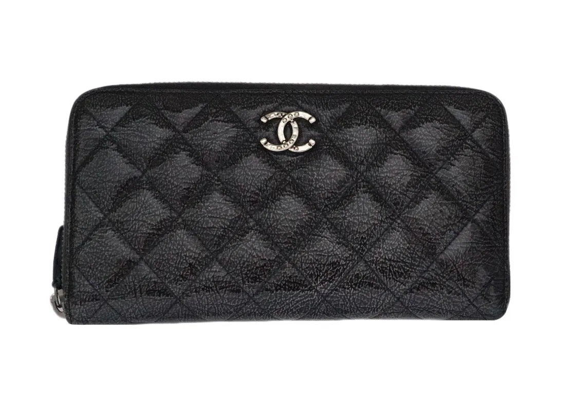 Authentic Chanel Grey Quilted Crinkled Patent Leather Wallet