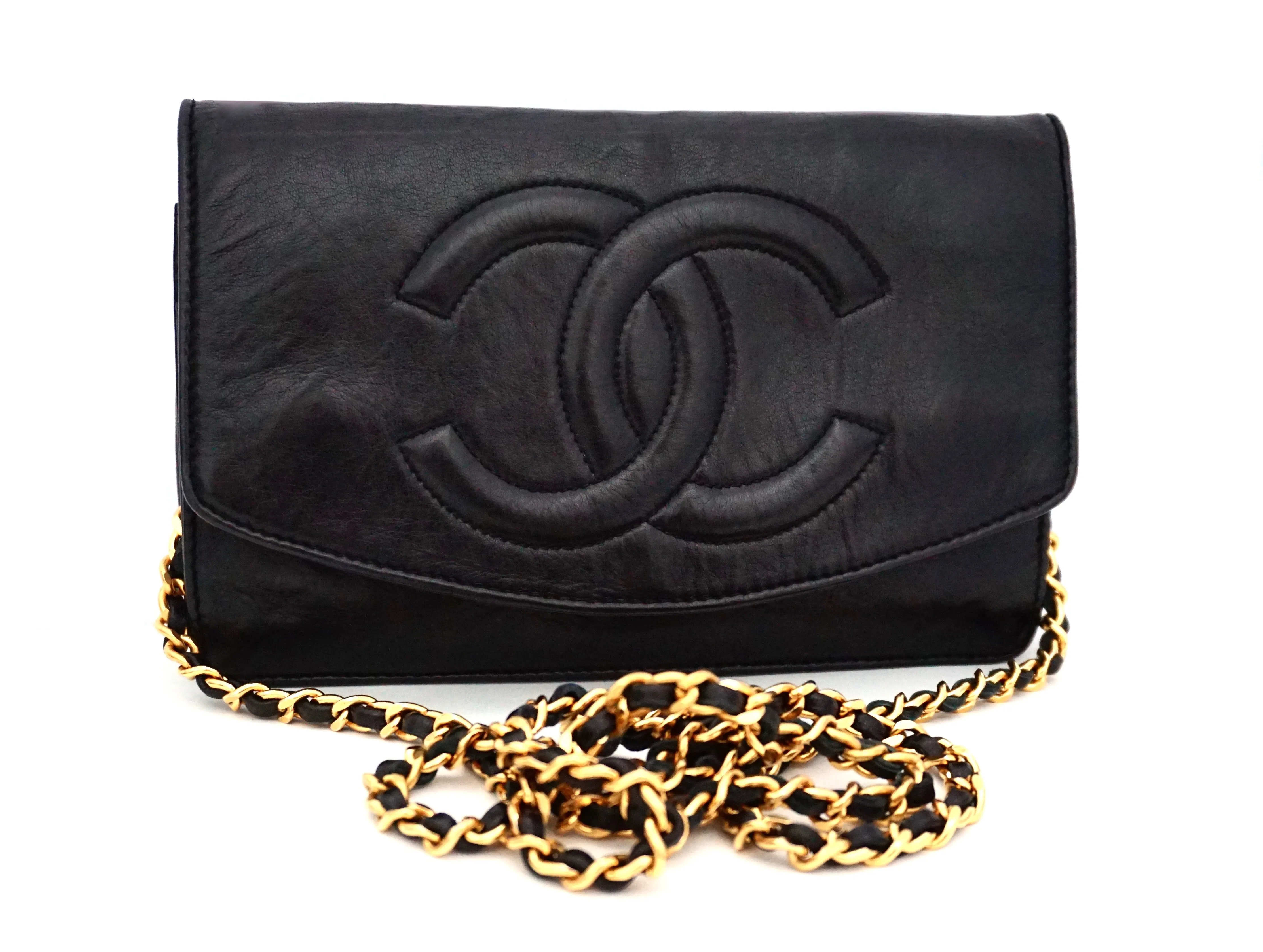 Authentic Chanel Vintage Black Lambskin Wallet On Chain (WOC)