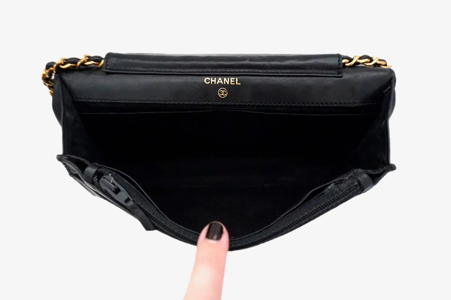 Authentic Chanel Vintage Black Lambskin Wallet On Chain (WOC)