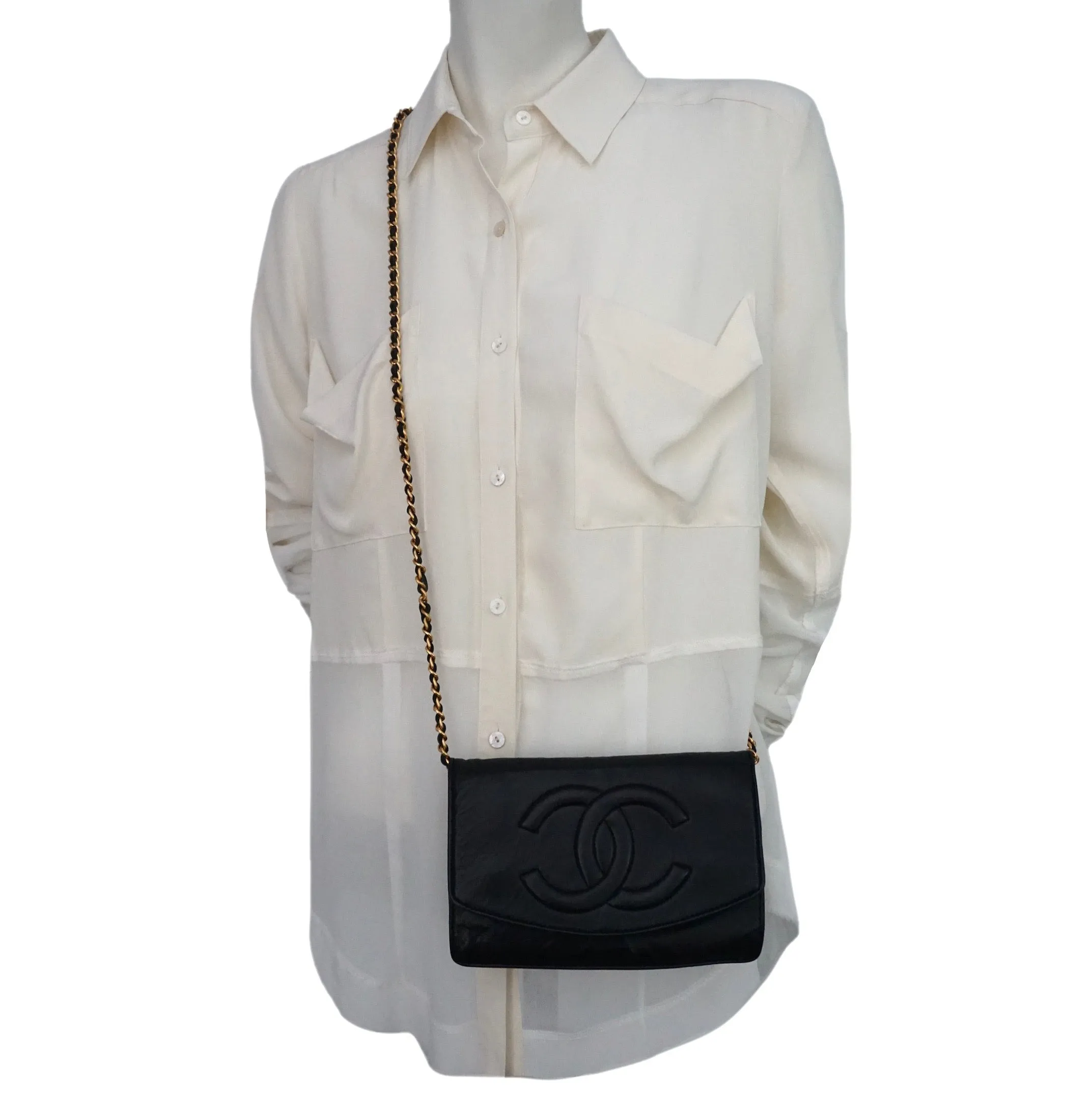 Authentic Chanel Vintage Black Lambskin Wallet On Chain (WOC)