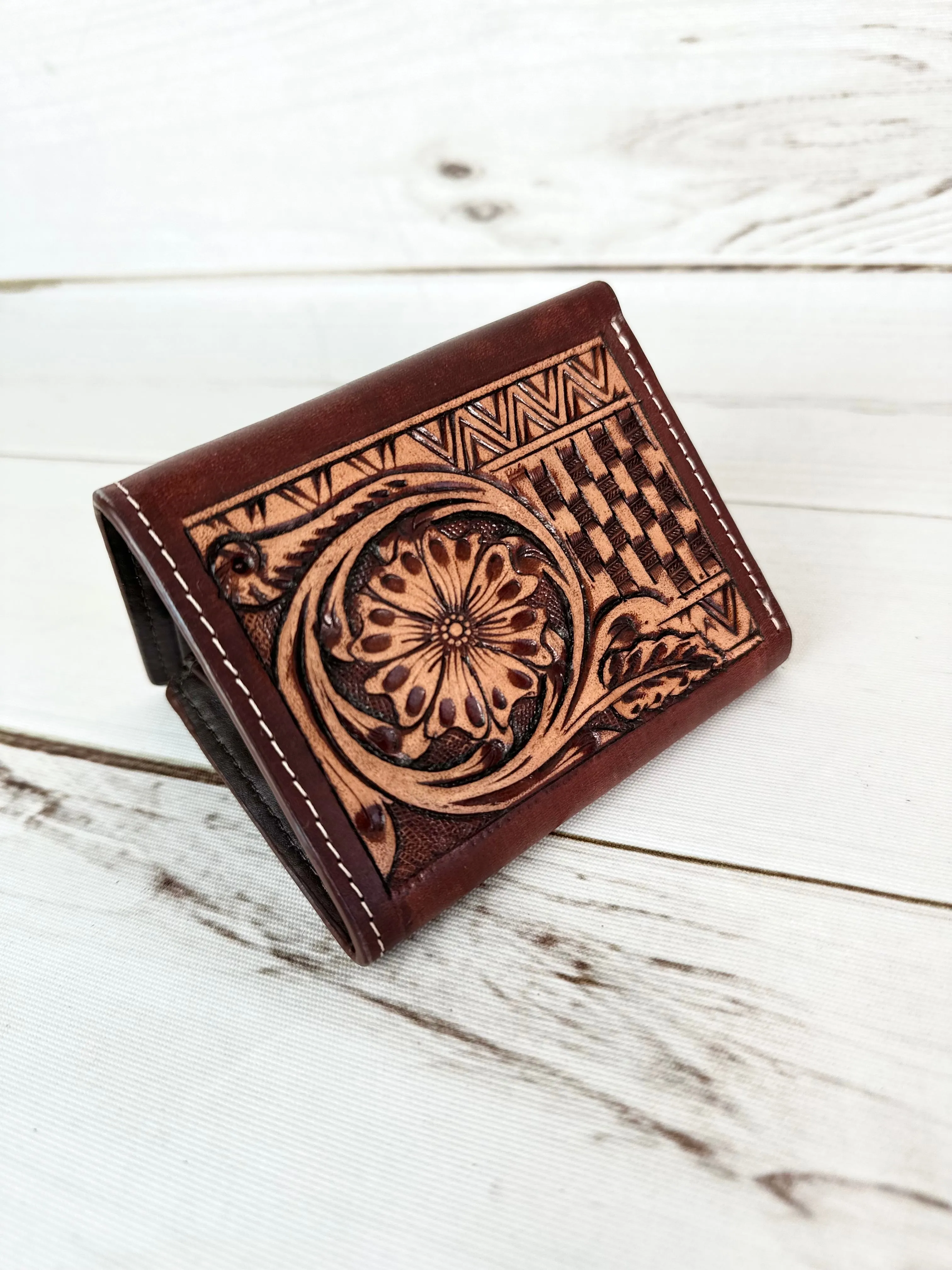 Basket Weave and afloral Tooled Tri-Fold Leather Western Wallet