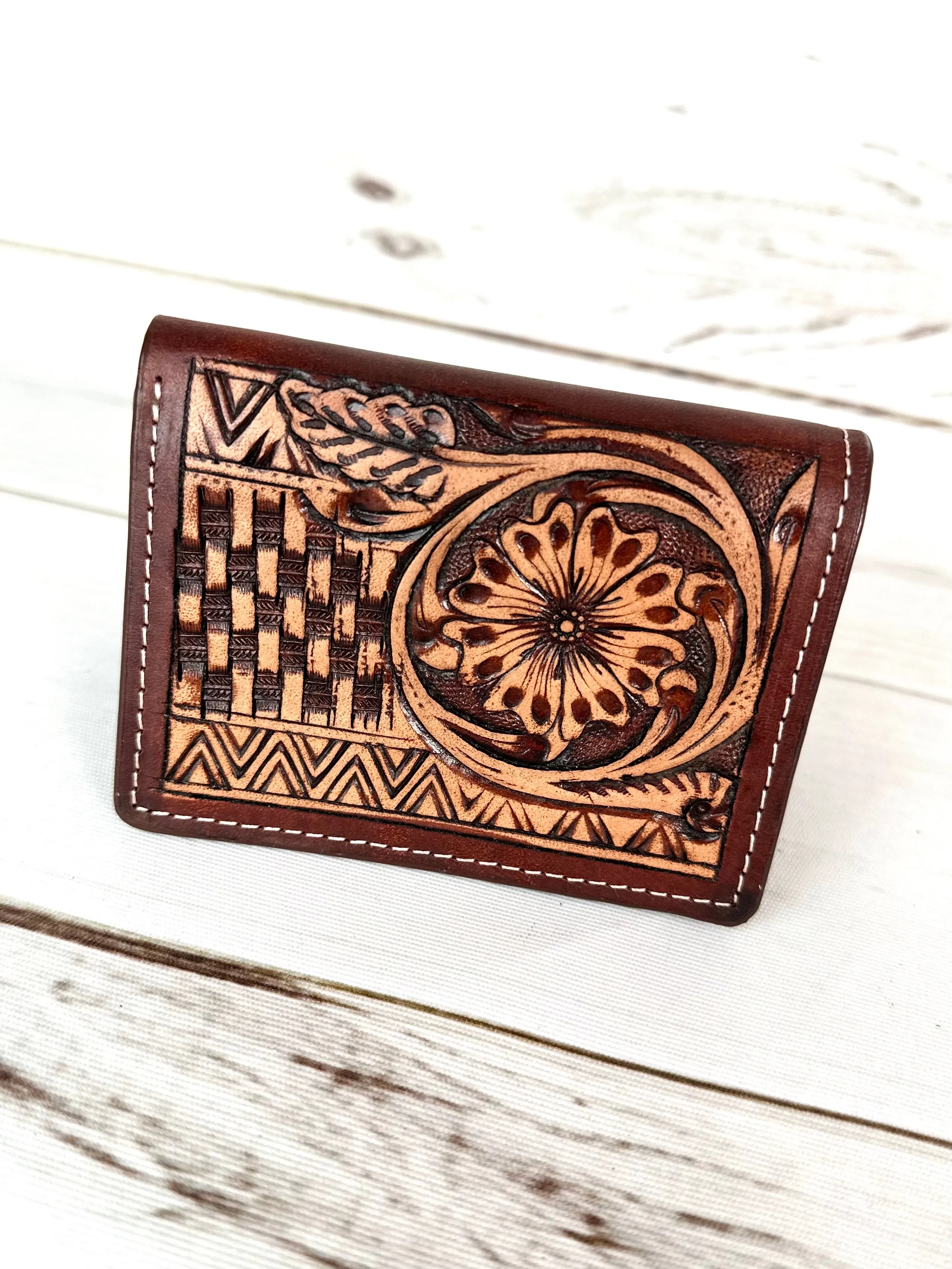 Basket Weave and afloral Tooled Tri-Fold Leather Western Wallet
