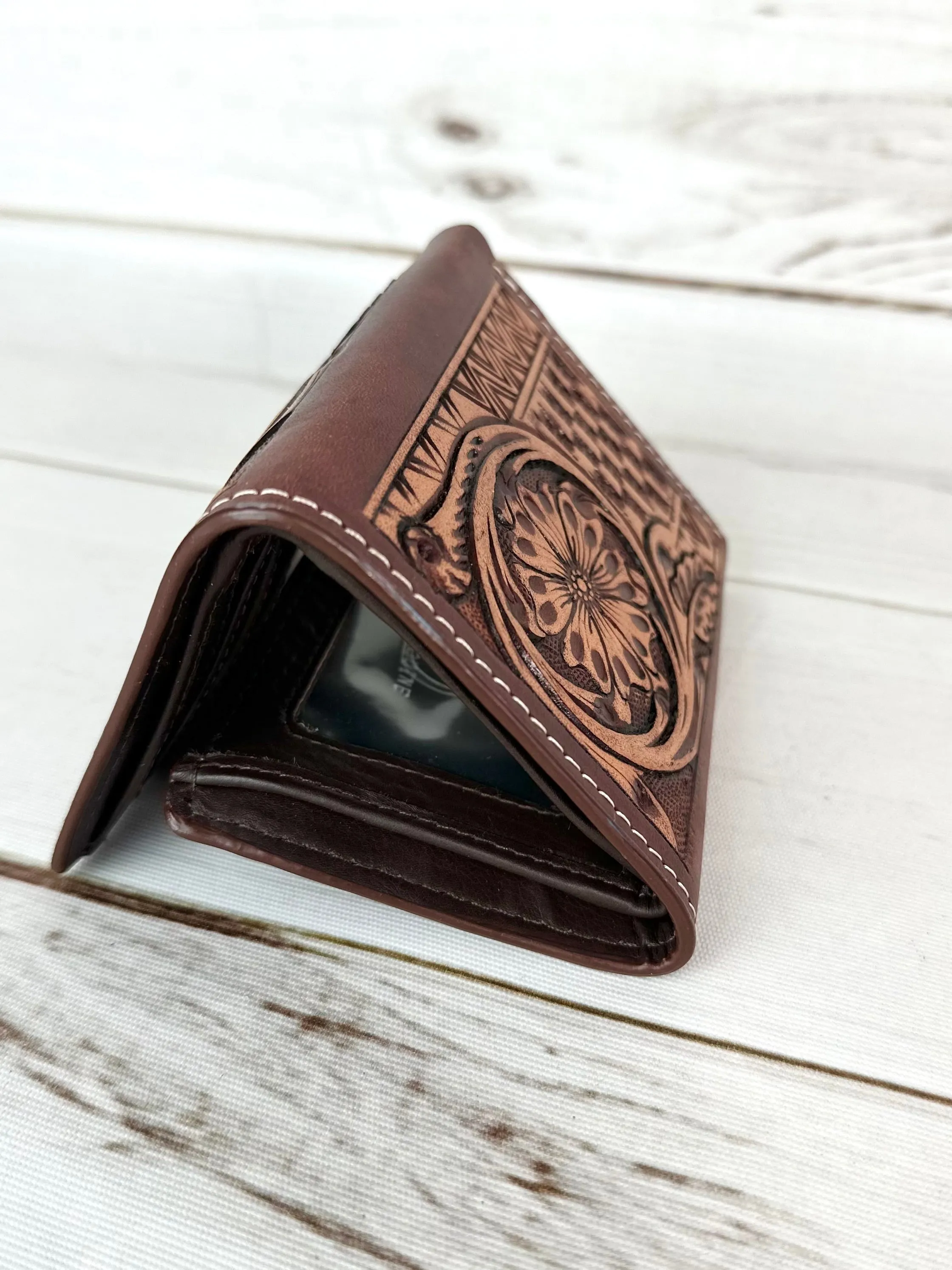 Basket Weave and afloral Tooled Tri-Fold Leather Western Wallet