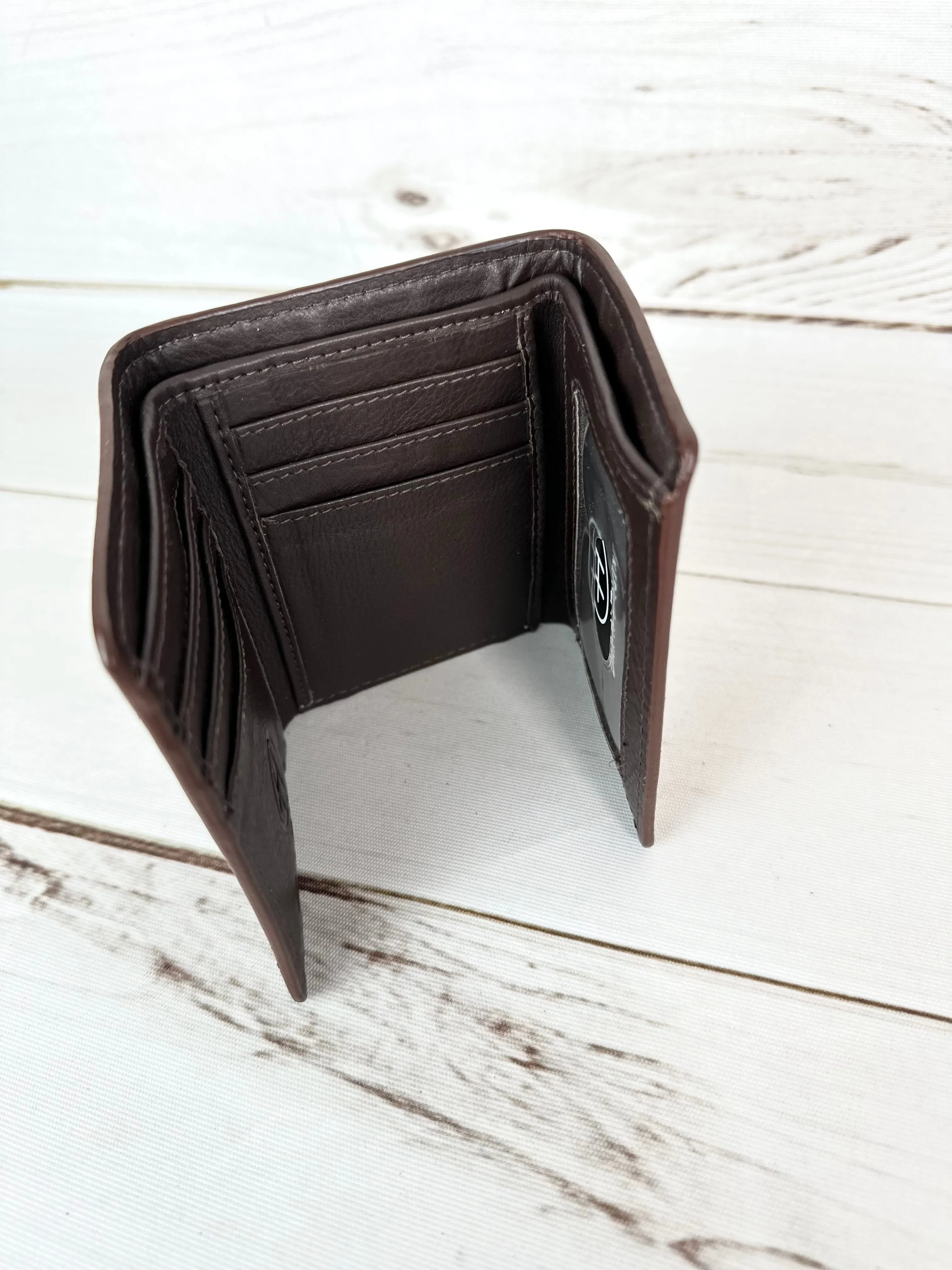 Basket Weave and afloral Tooled Tri-Fold Leather Western Wallet