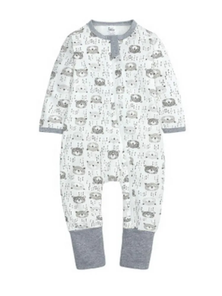 Bear Cubs Grey and White Baby Zip Sleepsuit with Hand & Feet Cuffs