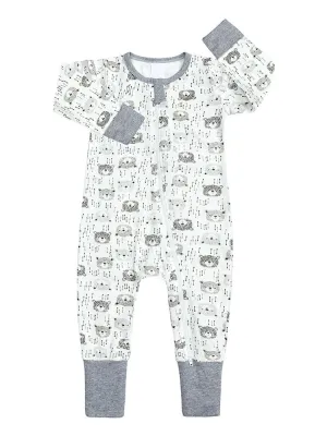 Bear Cubs Grey and White Baby Zip Sleepsuit with Hand & Feet Cuffs