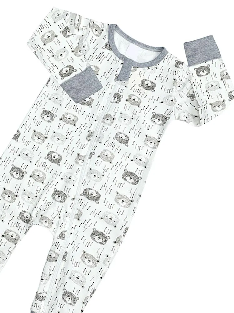Bear Cubs Grey and White Baby Zip Sleepsuit with Hand & Feet Cuffs