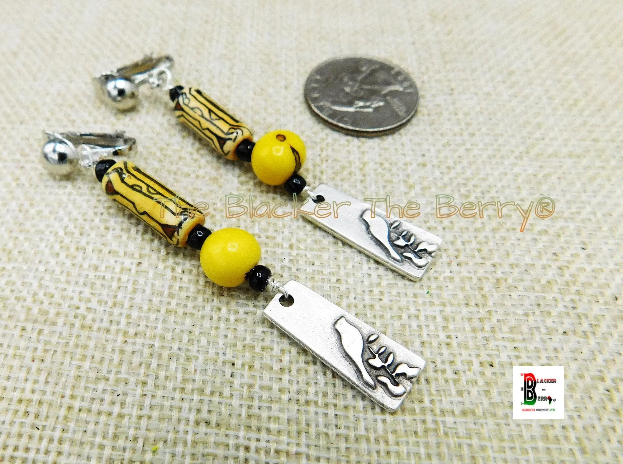 Bird Clip On Earrings Yellow Beaded Jewelry Women Silver Ethnic Non Pierced