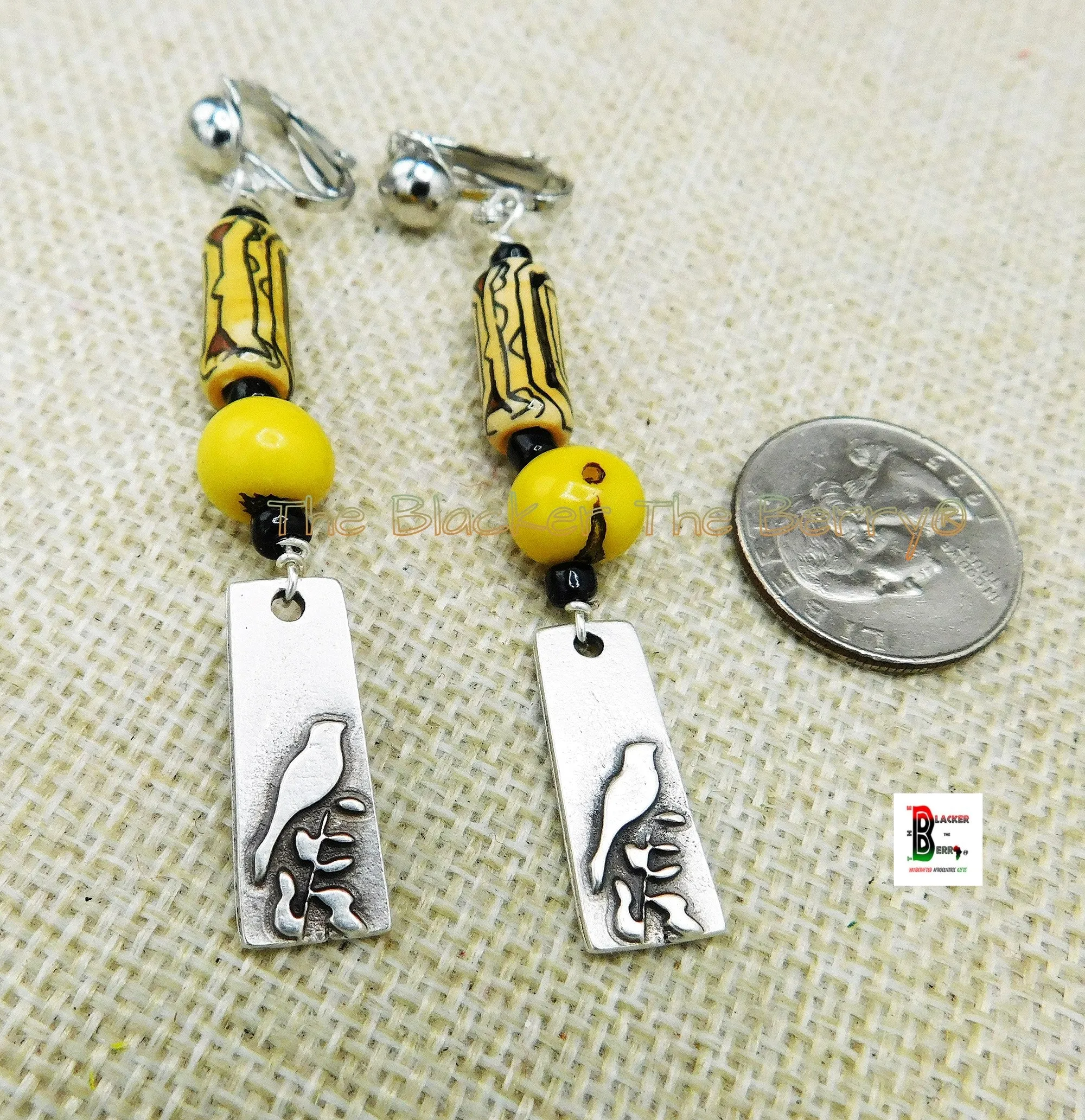 Bird Clip On Earrings Yellow Beaded Jewelry Women Silver Ethnic Non Pierced