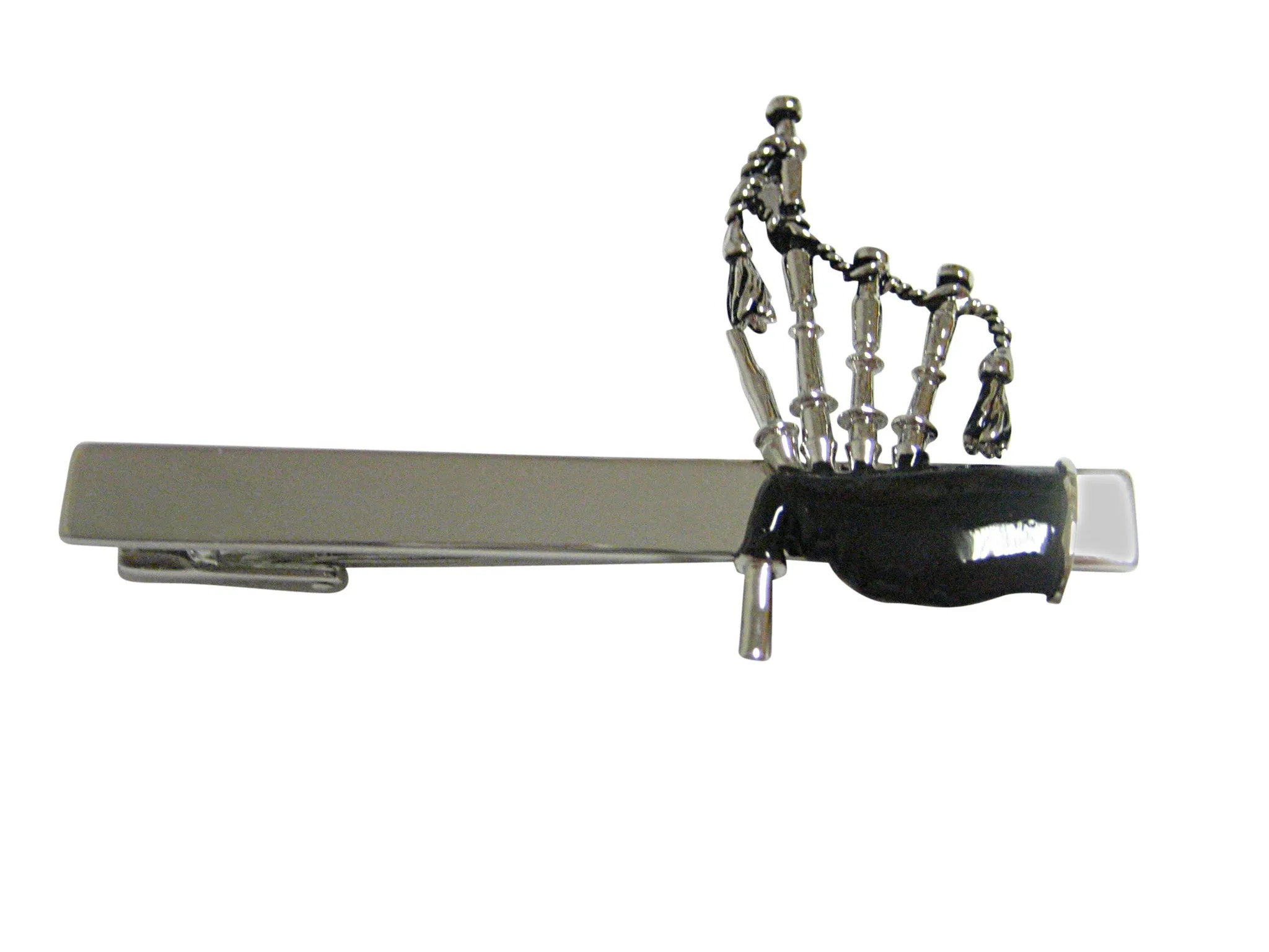 Black and Silver Toned Scottish Bag Pipes Music Instrument Square Tie Clip
