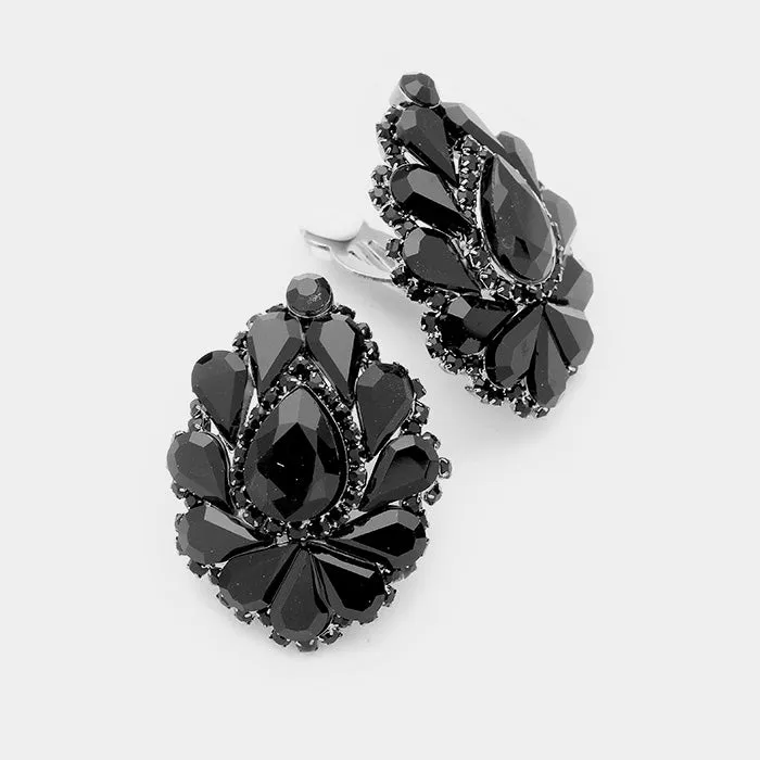 Black Crystal Cluster Teardrop Clip on Earrings | 391151