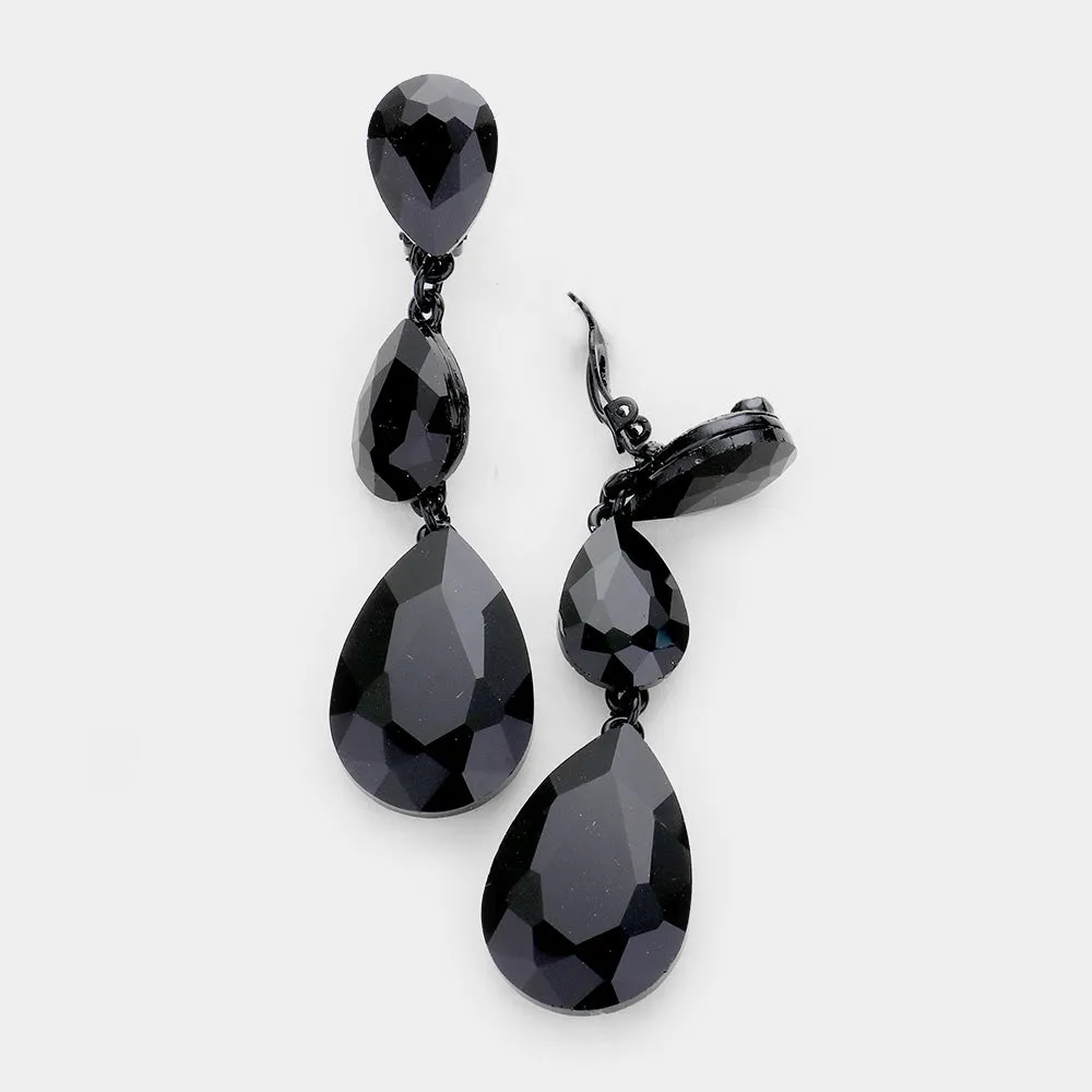 Black Crystal Triple Teardrop Clip-on Pageant Earrings  | 439146
