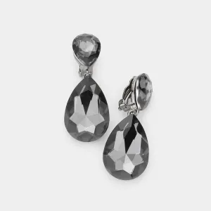 Black Diamond Crystal Double Teardrop Clip on Dangle Earrings  | Pageant Earrings | 535169