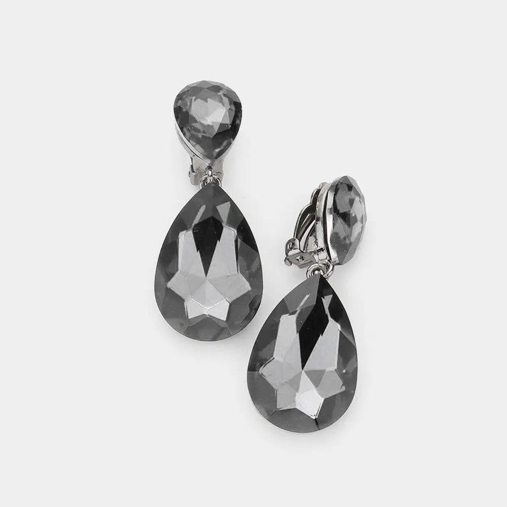 Black Diamond Crystal Double Teardrop Clip on Dangle Earrings  | Pageant Earrings | 535169