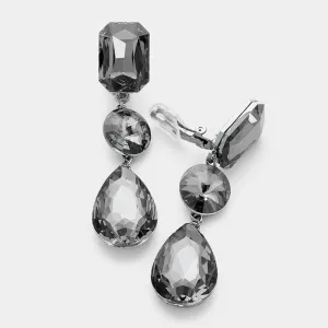 Black Diamond Crystal Triple Drop Geometric Shape Clip On Pageant Earrings on Gun Metal  | Prom Earrings | 249188