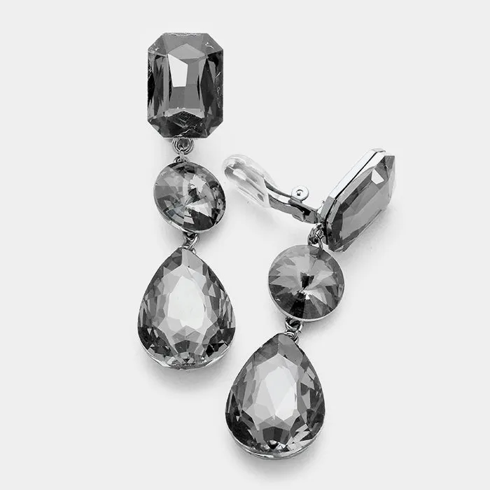 Black Diamond Crystal Triple Drop Geometric Shape Clip On Pageant Earrings on Gun Metal  | Prom Earrings | 249188