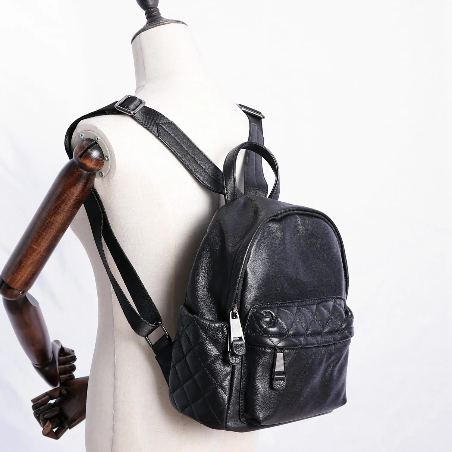 Black Leather Satchel Backpack Womens Cute School Backpack Bag Black College Rucksack for Ladies