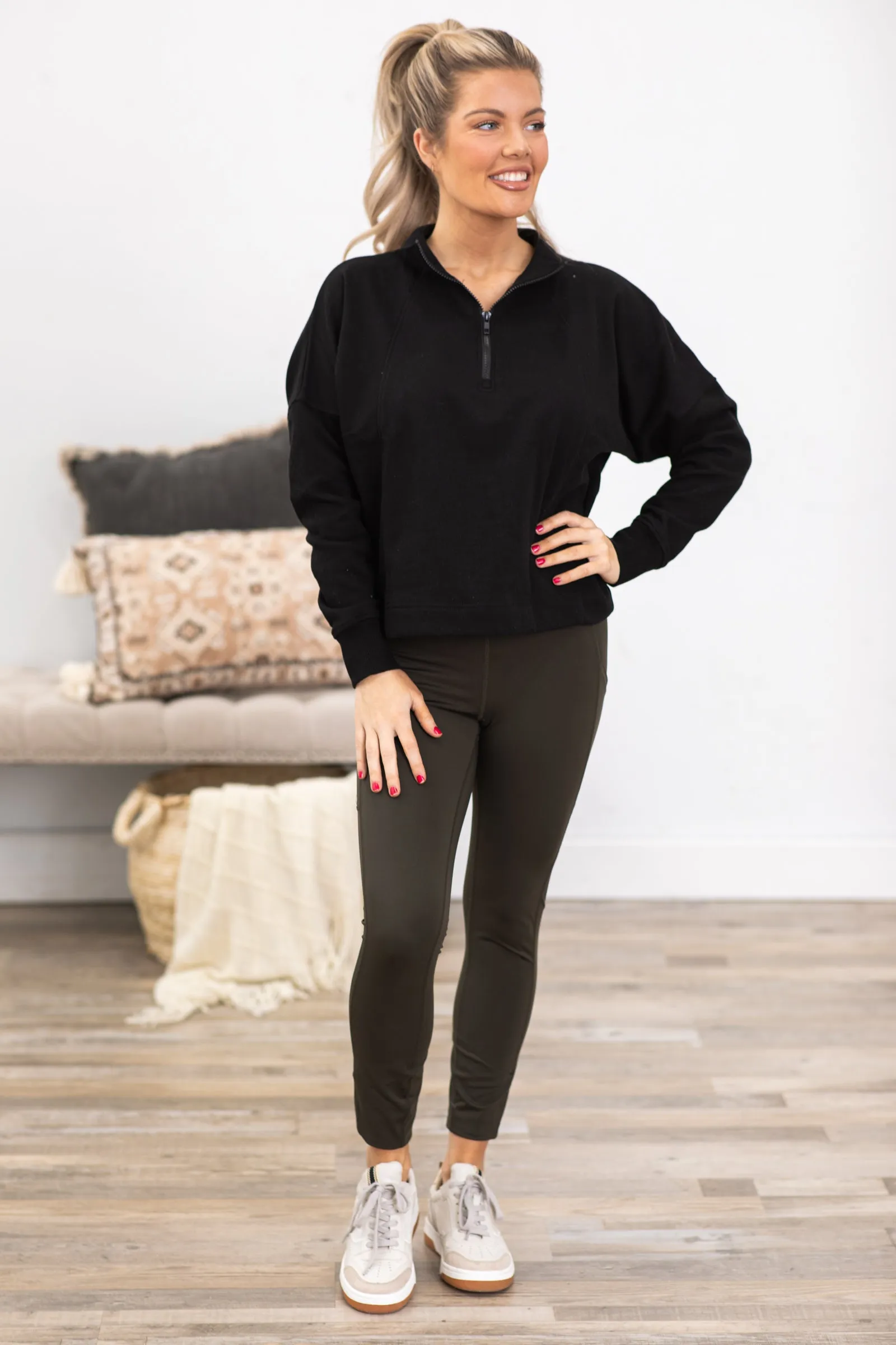 Black Plush Half-Zip Fleece Pullover Top