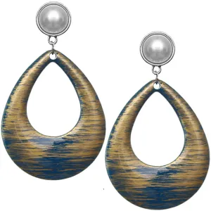 Blue Teardrop Brush Textured Clip-On Earrings