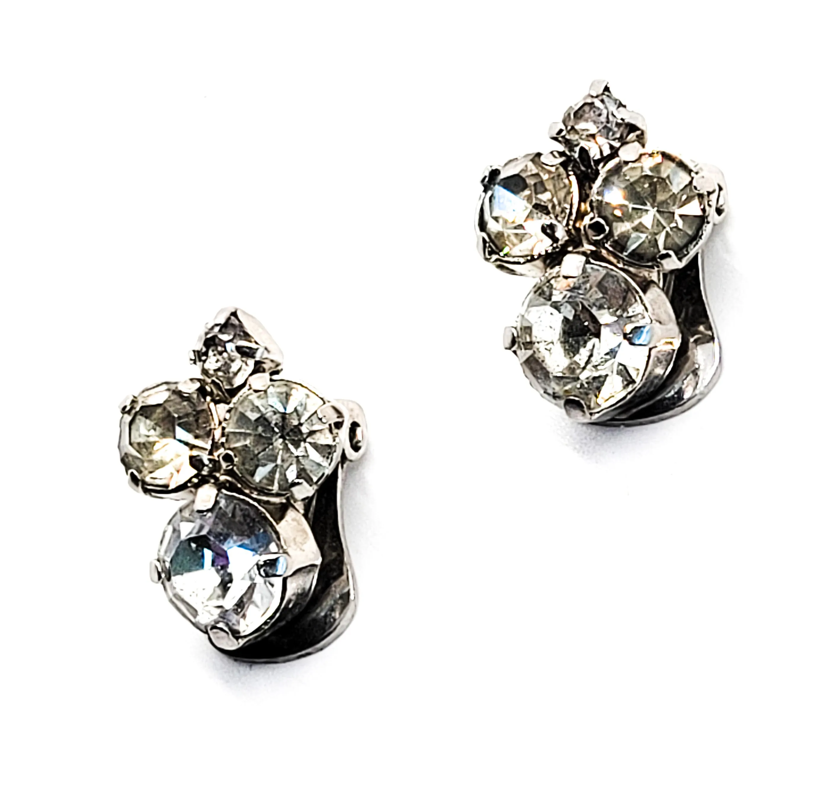 Bright vintage clear rhinestone silver toned button clip on earrings mid century