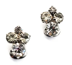 Bright vintage clear rhinestone silver toned button clip on earrings mid century