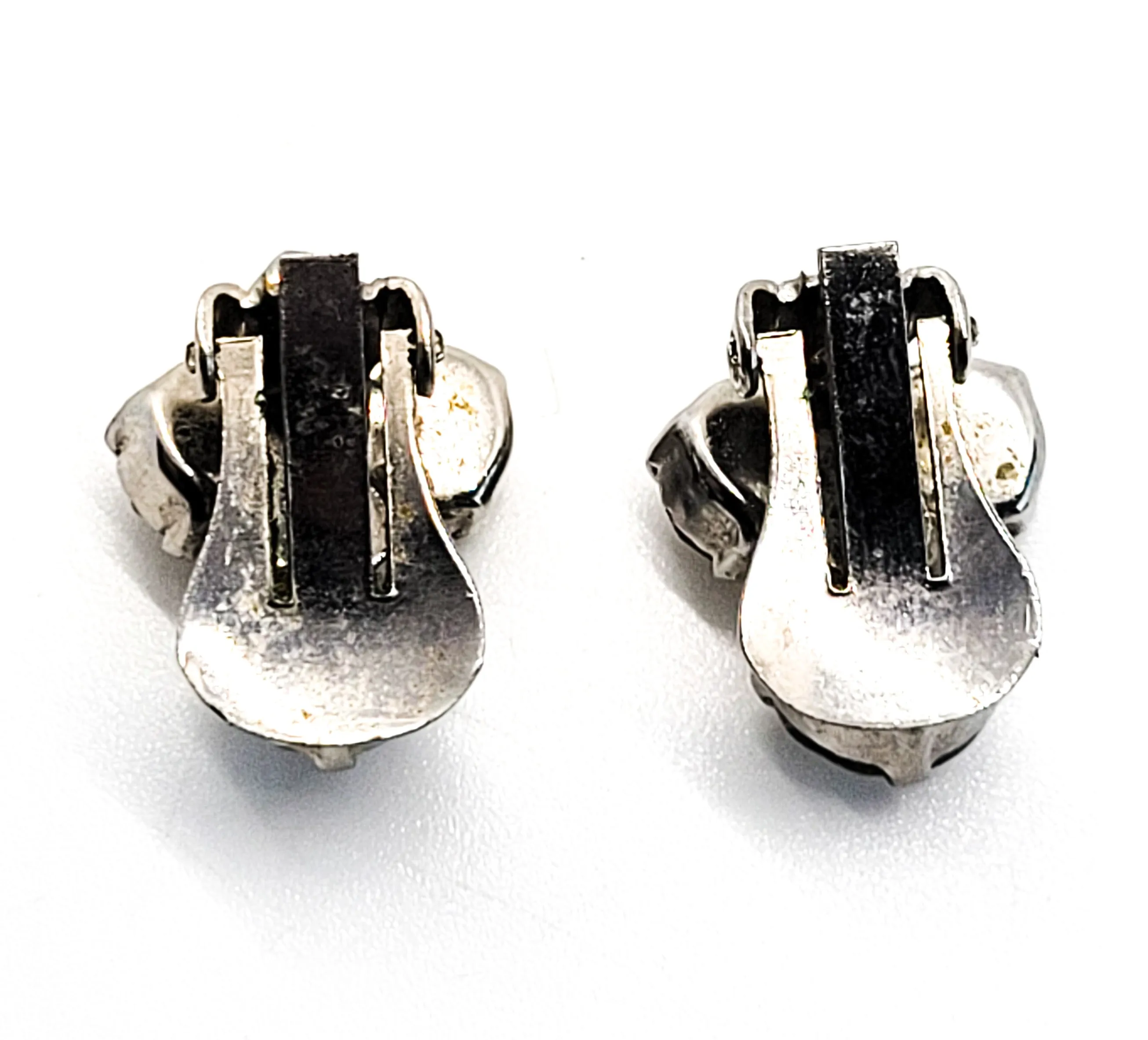 Bright vintage clear rhinestone silver toned button clip on earrings mid century