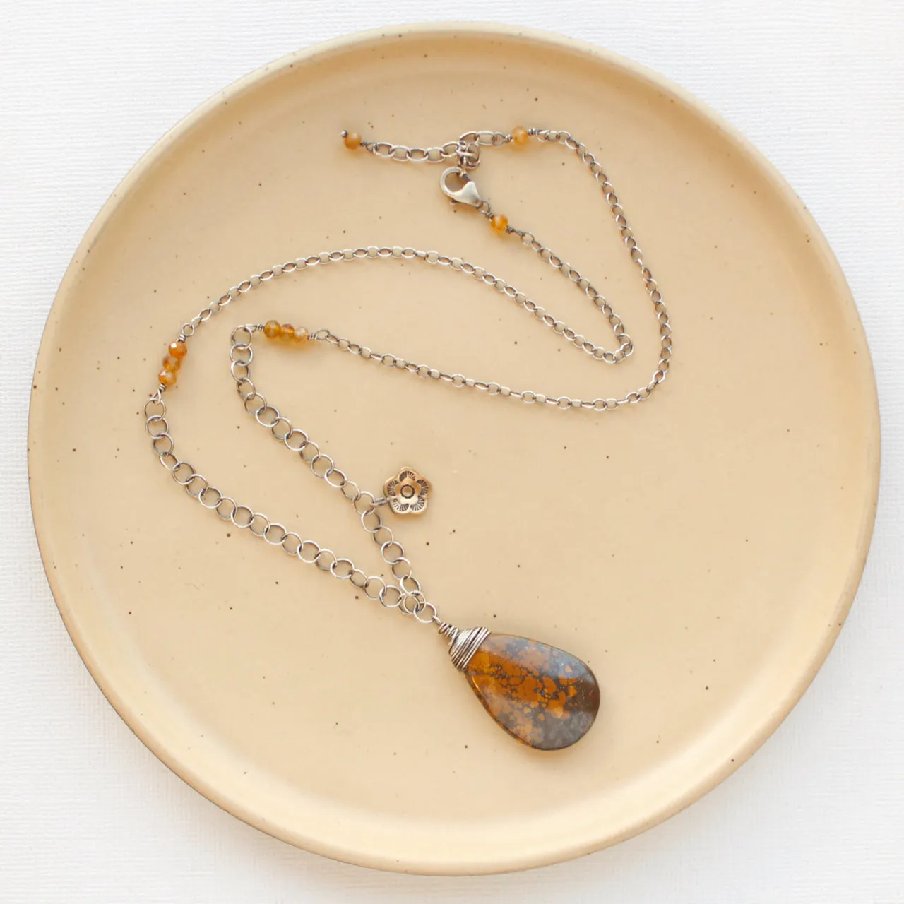 Brown Turquoise & Bronze Mini Cactus Flower Charm Necklace