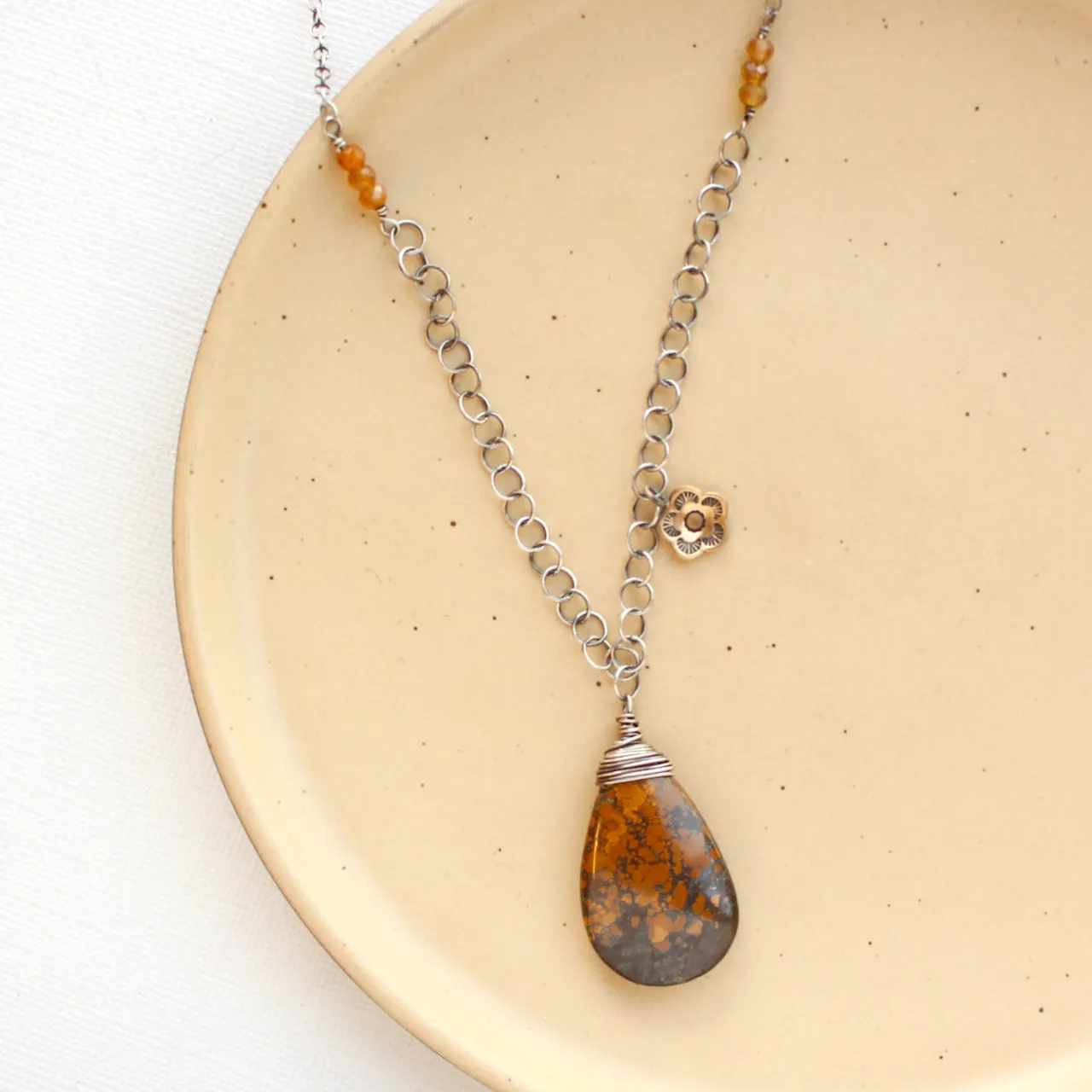 Brown Turquoise & Bronze Mini Cactus Flower Charm Necklace