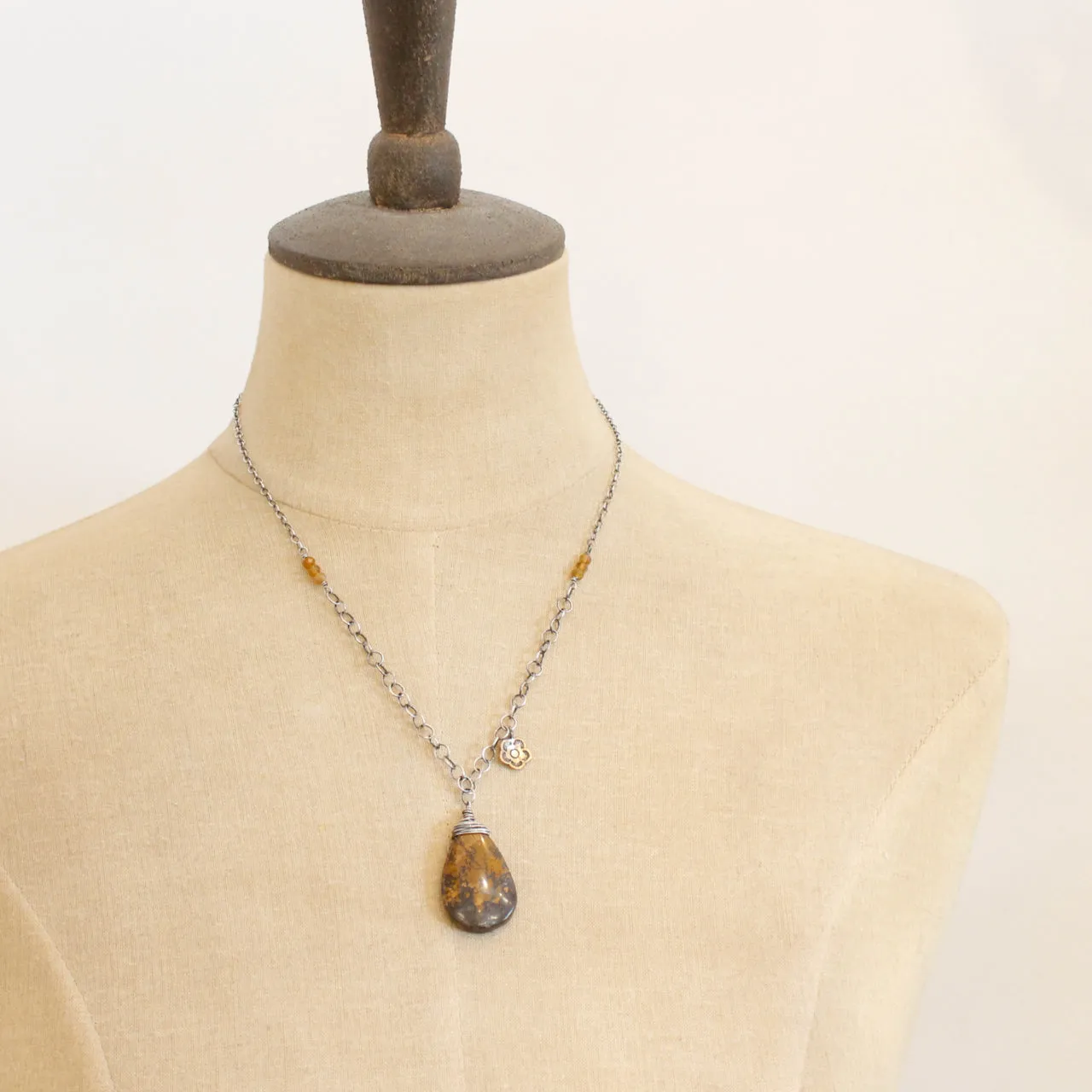 Brown Turquoise & Bronze Mini Cactus Flower Charm Necklace