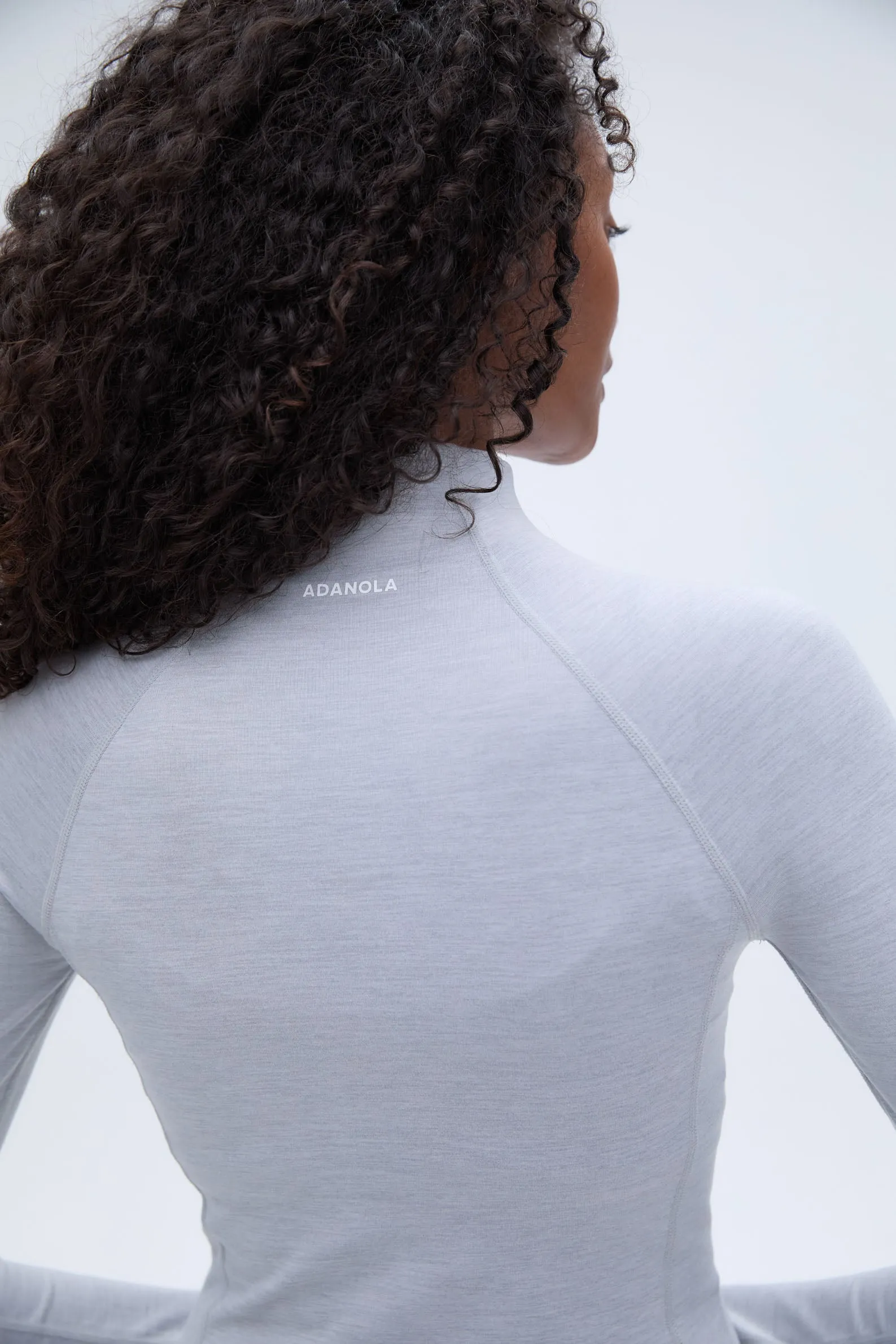 Brushed Long Sleeve Mock Neck Zip Up Top - Light Grey Melange
