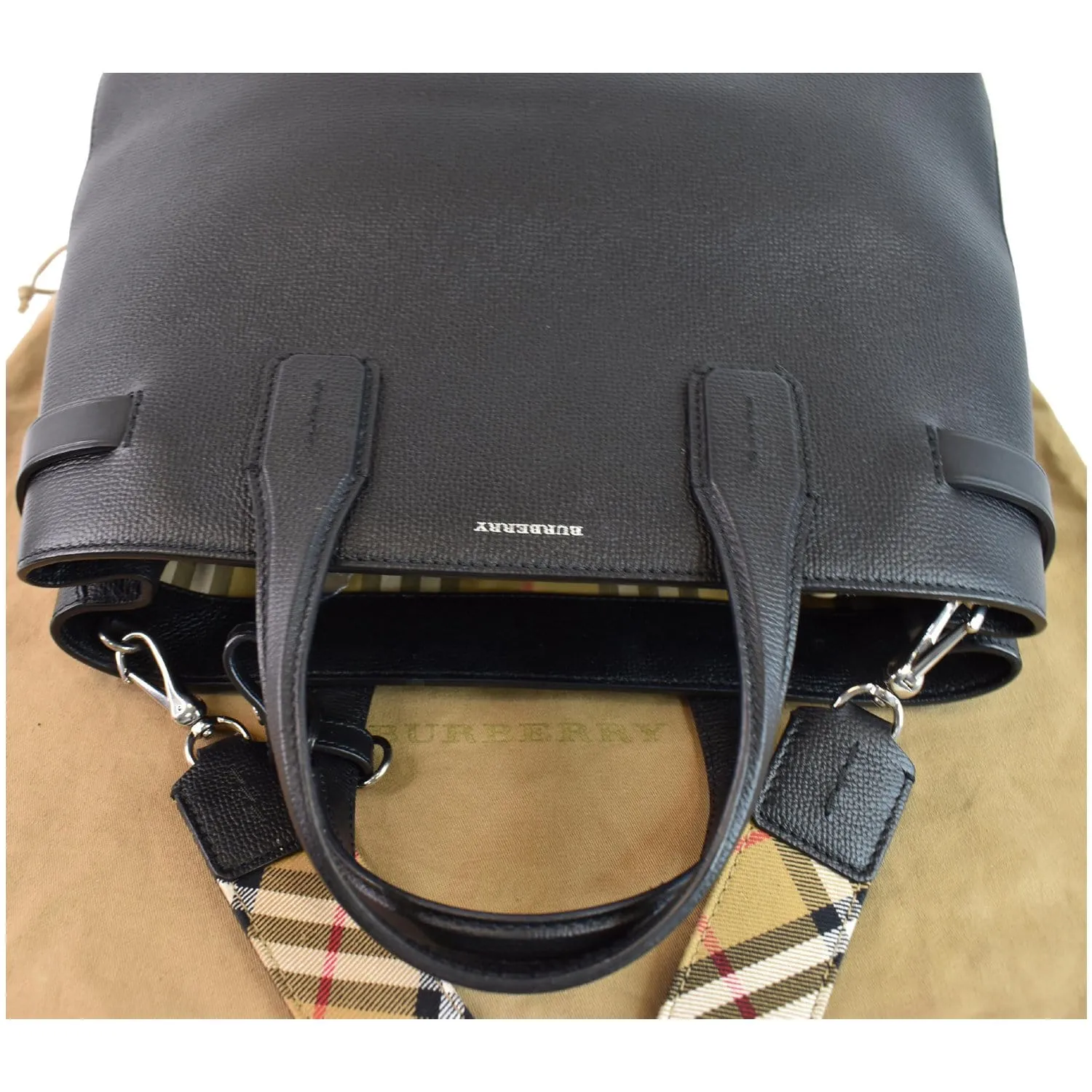 BURBERRY Medium Banner Derby Leather Tote Shoulder Bag Black