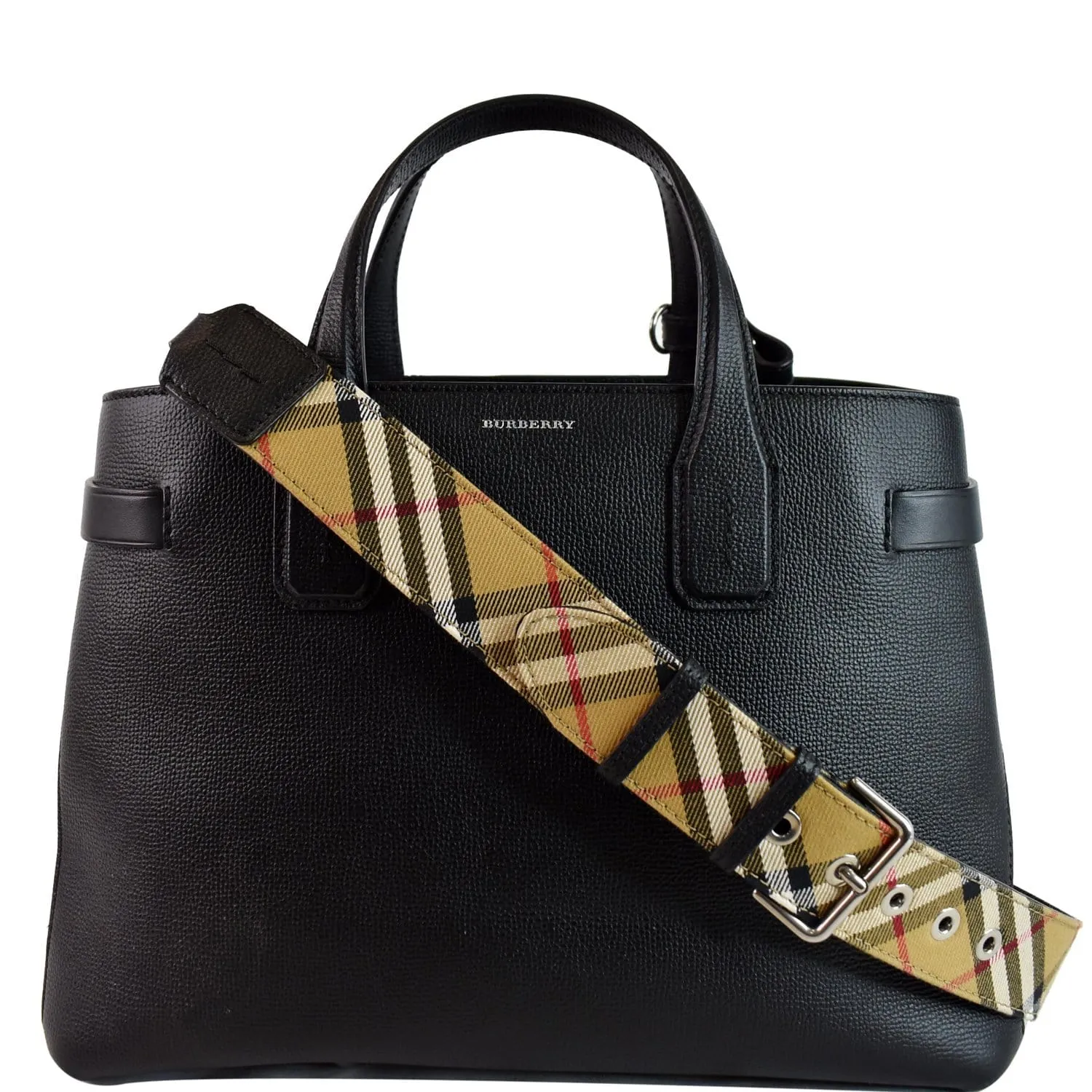 BURBERRY Medium Banner Derby Leather Tote Shoulder Bag Black