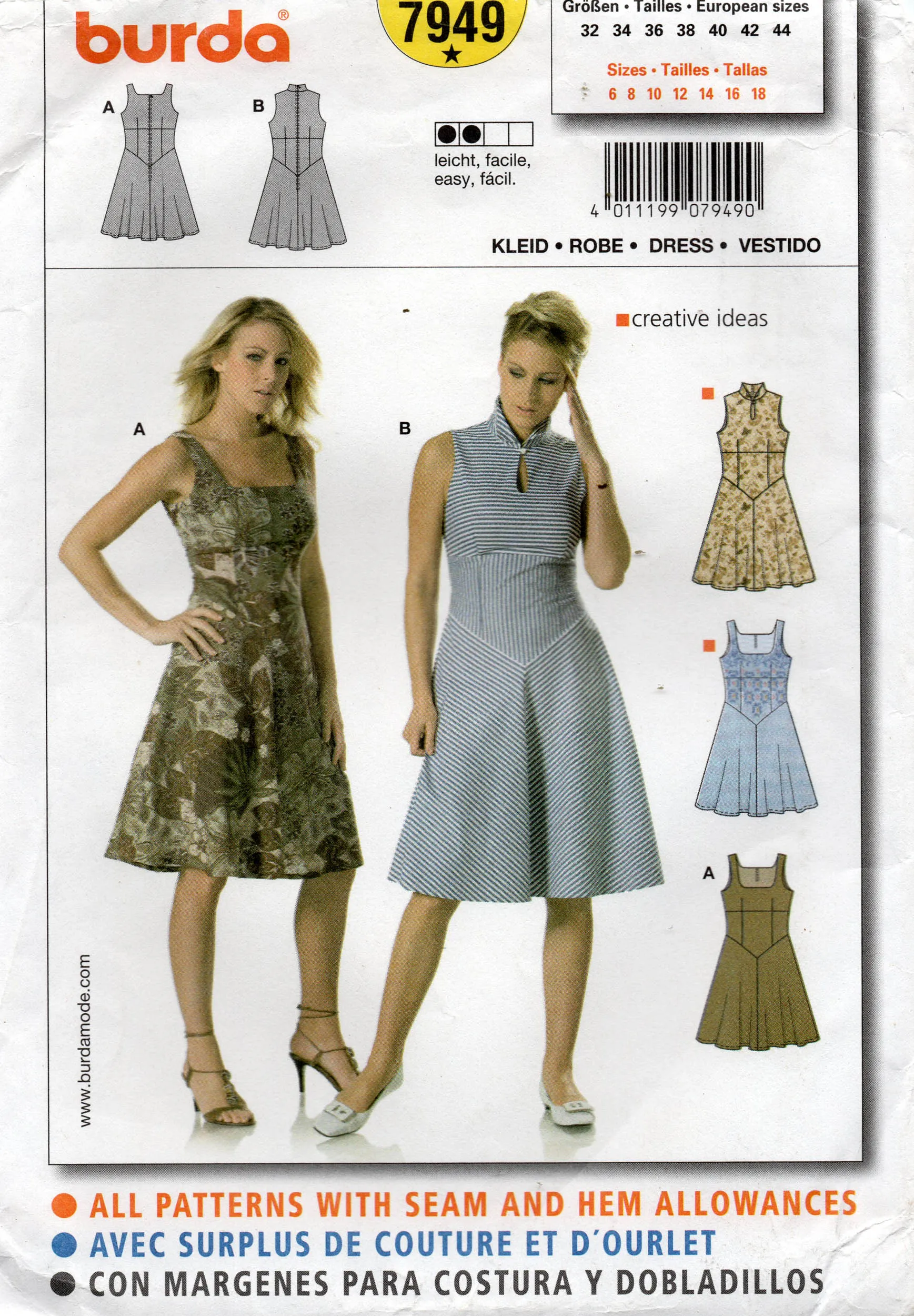 Burda 7949 Womens Sleeveless Fit & Flared Dress Out Of Print Sewing Pattern Sizes 6 - 18 UNCUT Factory Folded