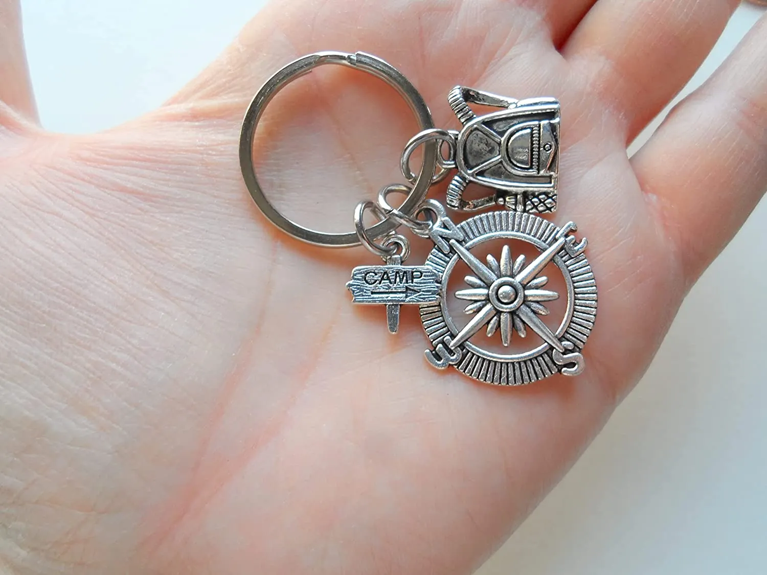 Camping Charm Keychain with Compass Charm, Backpack Charm & Camp Sign Charm