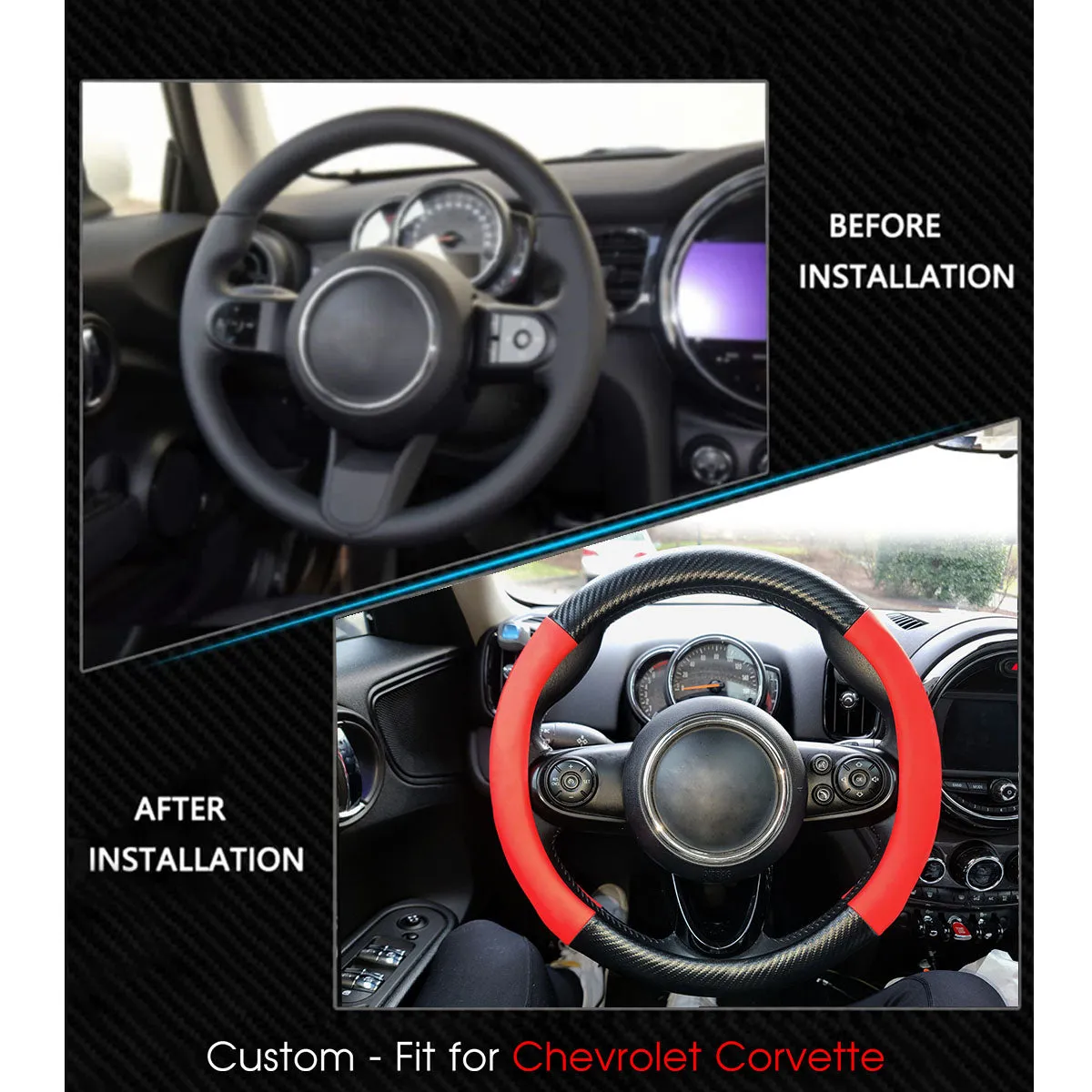Car Steering Wheel Cover, Custom-Fit For Cars, Leather Nonslip 3D Carbon Fiber Texture Sport Style Wheel Cover for Women, Interior Modification for All Car Accessories WACC225