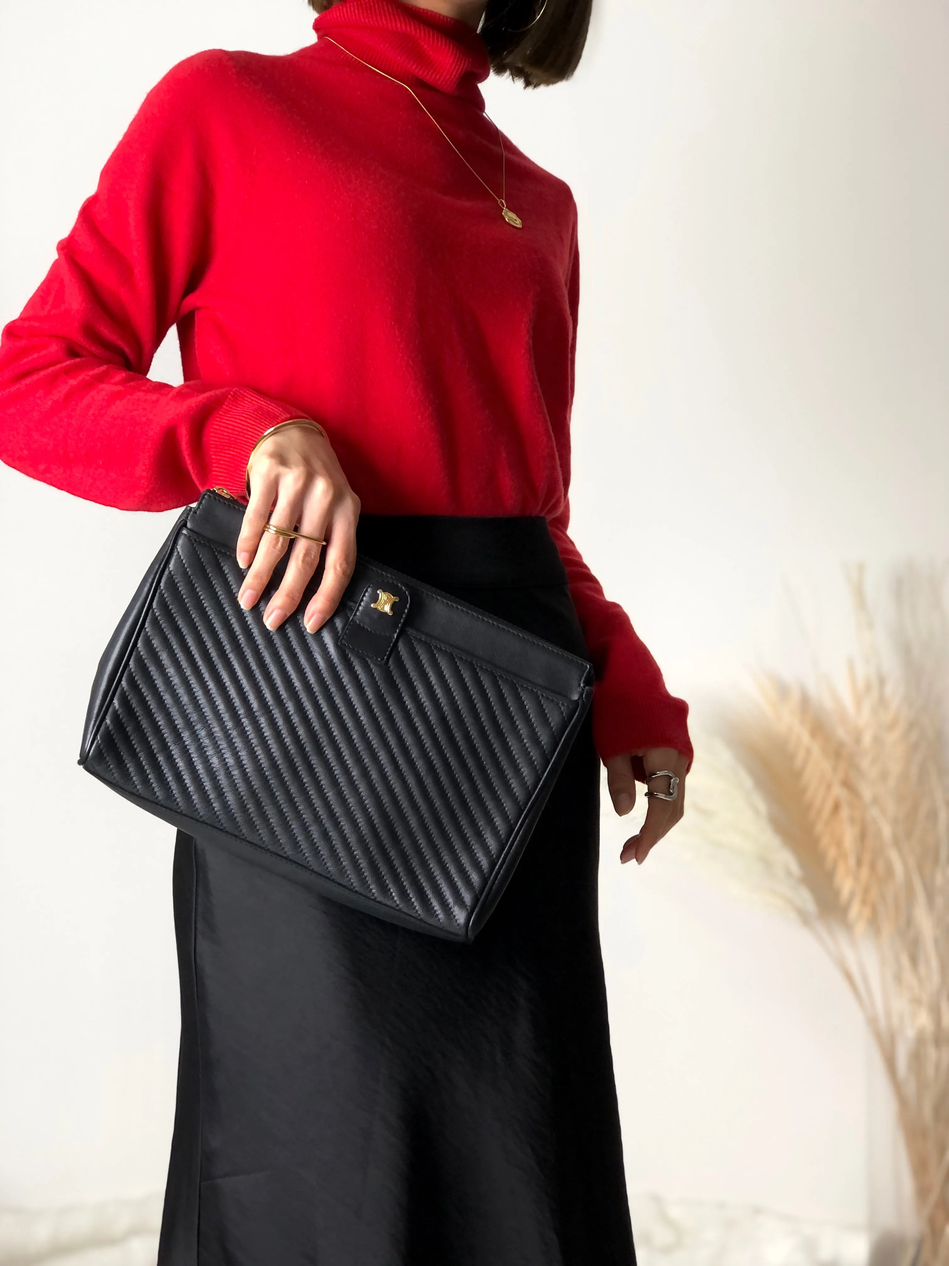 CELINE Blason Logo Leather Clutch bag Black Vintage pe27i6